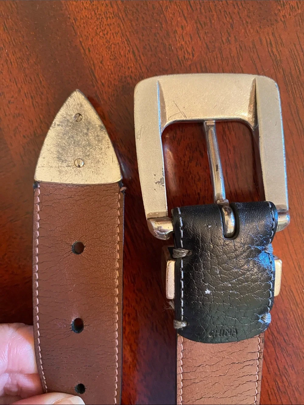 Johnston & Murphy Leather Belt with Decorative Etched Metal Buckle, Keeper & Tip